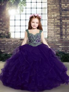 Hot Sale Purple Ball Gowns Beading and Ruffles Kids Formal Wear Lace Up Tulle Sleeveless Floor Length