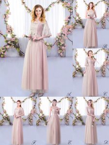 Floor Length Pink Damas Dress Off The Shoulder Half Sleeves Side Zipper