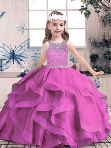 High End Lilac Ball Gowns Beading Kids Pageant Dress Lace Up Tulle Sleeveless Floor Length