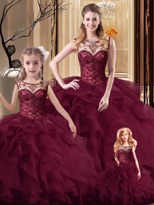 Eye-catching Burgundy Tulle Lace Up Scoop Sleeveless Sweet 16 Dress Brush Train Beading and Ruffles