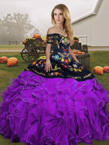 Eye-catching Sleeveless Organza Floor Length Lace Up Quinceanera Gown in Black And Purple with Embroidery and Ruffles