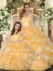 Custom Designed Gold Lace Up Quinceanera Dresses Beading and Ruffles Sleeveless Floor Length