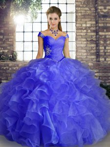 Blue Quinceanera Gowns Military Ball and Sweet 16 and Quinceanera with Beading and Ruffles Off The Shoulder Sleeveless Lace Up