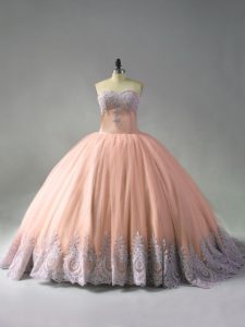 Exquisite Peach Lace Up Sweetheart Beading and Appliques 15th Birthday Dress Tulle Sleeveless Court Train
