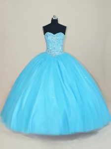 Lovely Aqua Blue Ball Gowns Tulle Sweetheart Sleeveless Beading Floor Length Lace Up Quinceanera Gowns