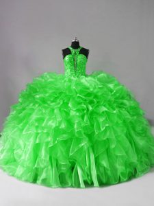 Fashion Organza Lace Up Halter Top Sleeveless Sweet 16 Quinceanera Dress Brush Train Beading and Ruffles