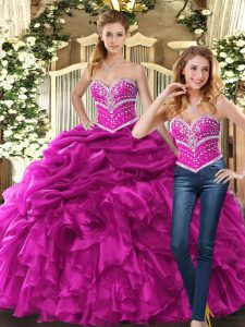 New Arrival Fuchsia Lace Up Quinceanera Dress Beading and Ruffles and Pick Ups Sleeveless Floor Length