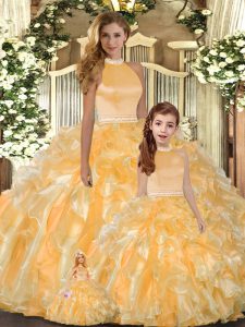 Sleeveless Floor Length Beading and Ruffles Backless Vestidos de Quinceanera with Gold