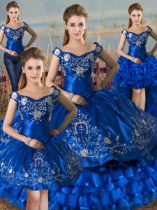 Royal Blue Lace Up Off The Shoulder Embroidery and Ruffled Layers Quinceanera Gowns Satin and Organza Sleeveless