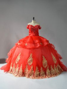 Court Train Ball Gowns Quinceanera Gowns Red Off The Shoulder Organza Sleeveless Lace Up