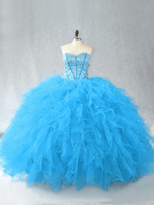 Baby Blue Tulle Lace Up 15 Quinceanera Dress Sleeveless Floor Length Beading and Ruffles