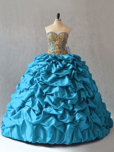 High Class Sleeveless Taffeta Brush Train Lace Up Sweet 16 Dresses in Aqua Blue with Beading and Pick Ups