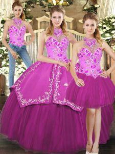Halter Top Sleeveless Satin and Tulle Quince Ball Gowns Embroidery Lace Up