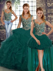 Chic Peacock Green Sleeveless Tulle Lace Up Sweet 16 Dresses for Military Ball and Sweet 16 and Quinceanera