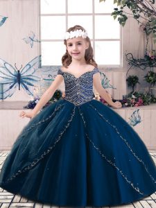 Sleeveless Tulle Floor Length Lace Up Little Girls Pageant Dress in Navy Blue with Beading