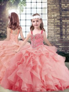 Floor Length Lace Up Little Girl Pageant Gowns Watermelon Red for Party and Sweet 16 and Wedding Party with Beading and Ruffles