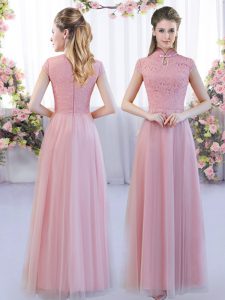Pink Tulle Zipper Court Dresses for Sweet 16 Cap Sleeves Floor Length Lace