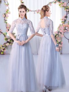 Grey Empire Tulle High-neck Half Sleeves Lace Floor Length Lace Up Dama Dress for Quinceanera