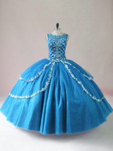 Beautiful Scoop Sleeveless Lace Up Quinceanera Dresses Blue Tulle