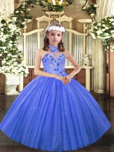 Blue Lace Up Kids Pageant Dress Appliques Sleeveless Floor Length