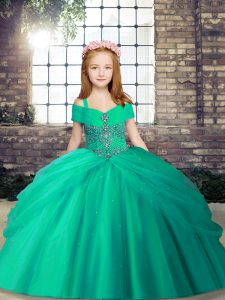 Turquoise Tulle Lace Up Straps Sleeveless Floor Length Child Pageant Dress Beading