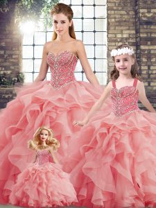 Unique Watermelon Red Sleeveless Beading and Ruffles Lace Up Quinceanera Dresses