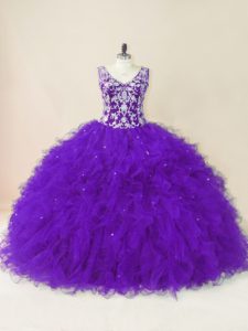 Glittering Sleeveless Backless Floor Length Beading and Ruffles Ball Gown Prom Dress