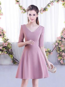 A-line Damas Dress Pink V-neck Chiffon Half Sleeves Mini Length Zipper