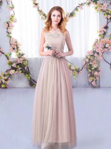 Decent Pink Tulle Side Zipper Court Dresses for Sweet 16 Sleeveless Floor Length Lace and Belt