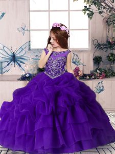 Purple Zipper Scoop Beading and Pick Ups Kids Formal Wear Organza Sleeveless