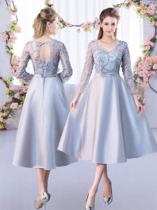 Tea Length Silver Damas Dress Satin 3 4 Length Sleeve Lace