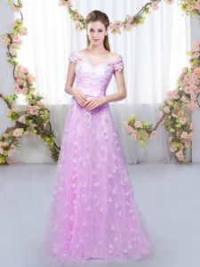 Deluxe Cap Sleeves Tulle Floor Length Lace Up Damas Dress in Lilac with Appliques