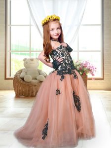 Peach Child Pageant Dress Wedding Party with Appliques Spaghetti Straps Sleeveless Brush Train Lace Up