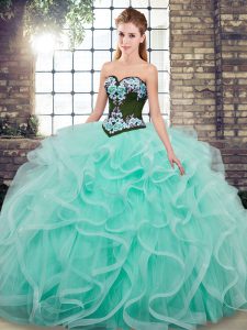 Aqua Blue Quinceanera Dresses Military Ball and Sweet 16 and Quinceanera with Embroidery and Ruffles Sweetheart Sleeveless Sweep Train Lace Up