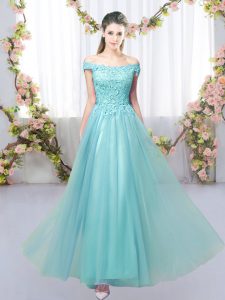 Aqua Blue Off The Shoulder Neckline Lace Quinceanera Court of Honor Dress Sleeveless Lace Up