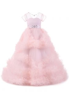 Dramatic Baby Pink Ball Gowns Beading and Ruffles Child Pageant Dress Backless Tulle Short Sleeves Floor Length