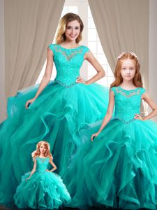 Perfect Aqua Blue Scoop Neckline Beading Quinceanera Gowns Cap Sleeves Lace Up