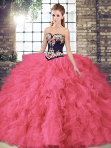 Beading and Embroidery Quinceanera Gown Hot Pink Lace Up Sleeveless Floor Length
