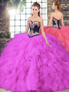 Floor Length Fuchsia Quinceanera Dresses Tulle Sleeveless Beading and Embroidery