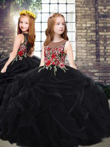 Tulle Sleeveless Child Pageant Dress Sweep Train and Embroidery and Ruffles