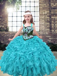 Aqua Blue and Turquoise Sleeveless Floor Length Embroidery and Ruffles Lace Up Little Girl Pageant Dress