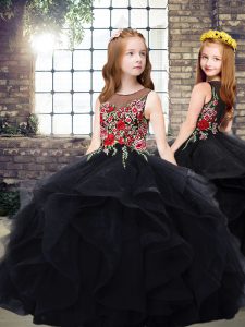 Black Ball Gowns Embroidery and Ruffles Pageant Dress for Womens Zipper Tulle Sleeveless Floor Length