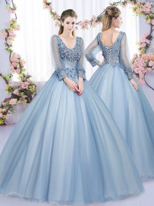 Blue V-neck Lace Up Lace and Appliques Quinceanera Gown Long Sleeves