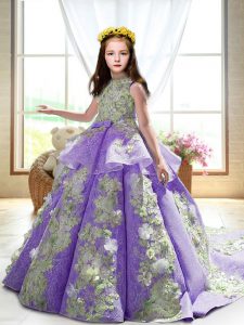 Pretty High-neck Sleeveless Court Train Backless Little Girl Pageant Dress Lavender Satin