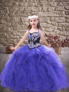 Custom Made Purple Lace Up Straps Embroidery and Ruffles Pageant Dresses Tulle Sleeveless