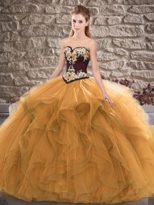 Orange Sweetheart Lace Up Beading and Embroidery Ball Gown Prom Dress Sleeveless