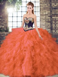 Floor Length Ball Gowns Sleeveless Orange Red Quince Ball Gowns Lace Up