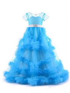 V-neck Short Sleeves Winning Pageant Gowns Floor Length Beading and Ruffles Baby Blue Tulle