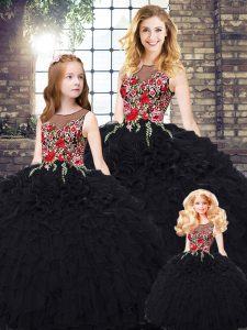 Eye-catching Sleeveless Floor Length Embroidery and Ruffles Zipper Quince Ball Gowns with Black