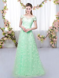 Flirting Apple Green Empire Off The Shoulder Cap Sleeves Tulle Floor Length Lace Up Appliques Quinceanera Dama Dress